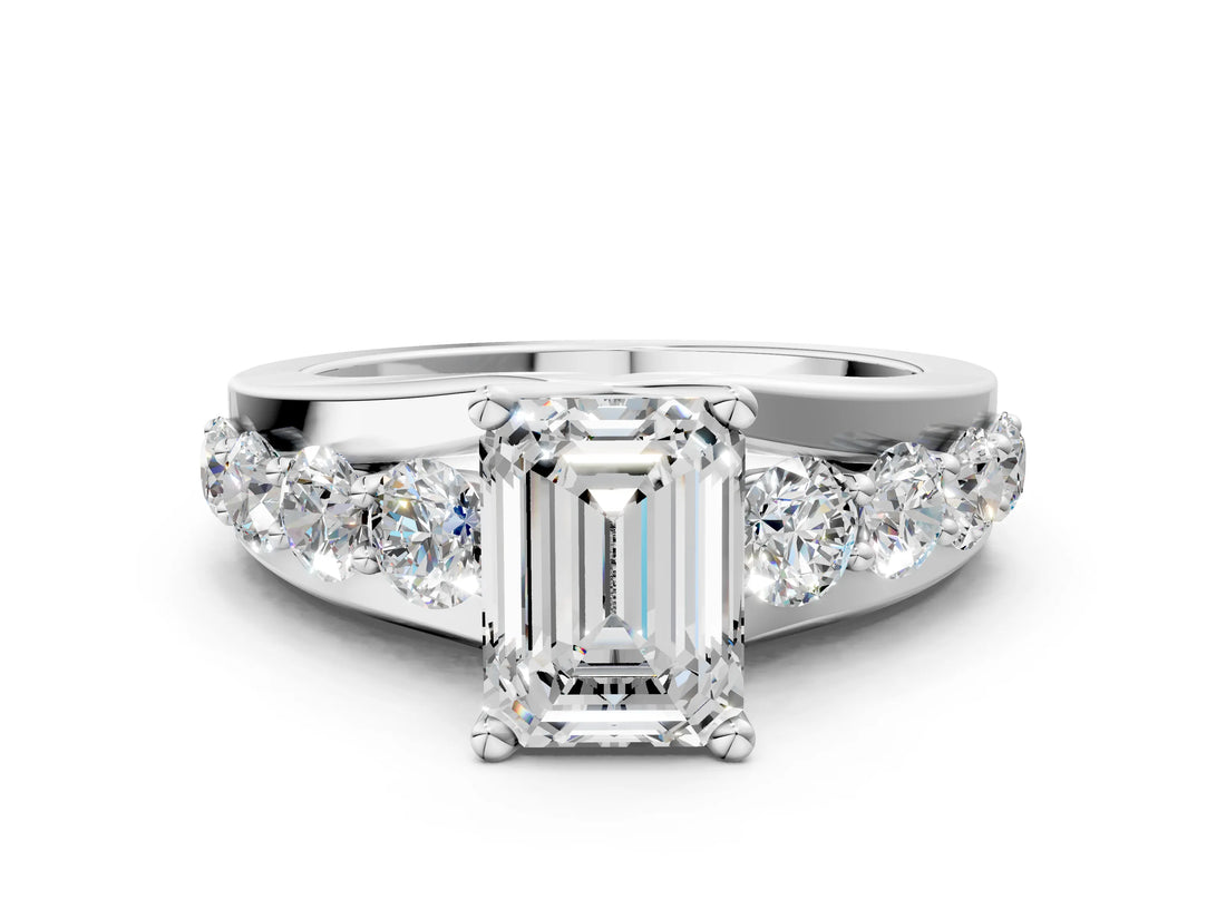 Silver Emerald Brilliant Solitaire with Side Stones on a Pave Band and Four-Prong Setting_14
