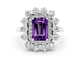 Silver Emerald Cut Amethyst Floral Double Halo Engagement Ring with Prong Setting_204