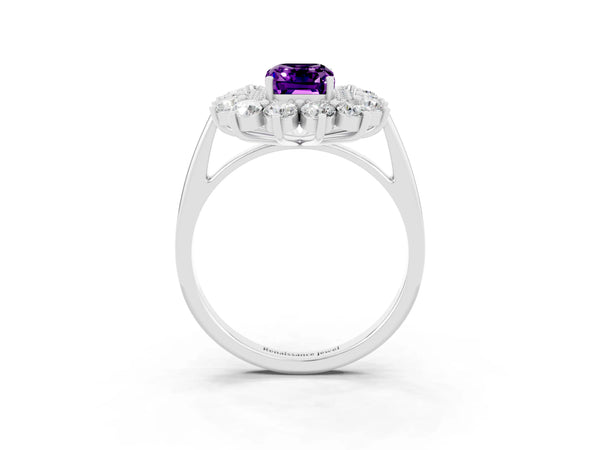 Silver Emerald Cut Amethyst Floral Double Halo Engagement Ring with Prong Setting