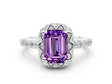 Silver Emerald Cut Amethyst Scalloped Halo Engagement Ring with Round Shared Prong Band_30