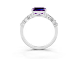 Silver Emerald Cut Amethyst Scattered Round Accent Ring with Prong Setting_33