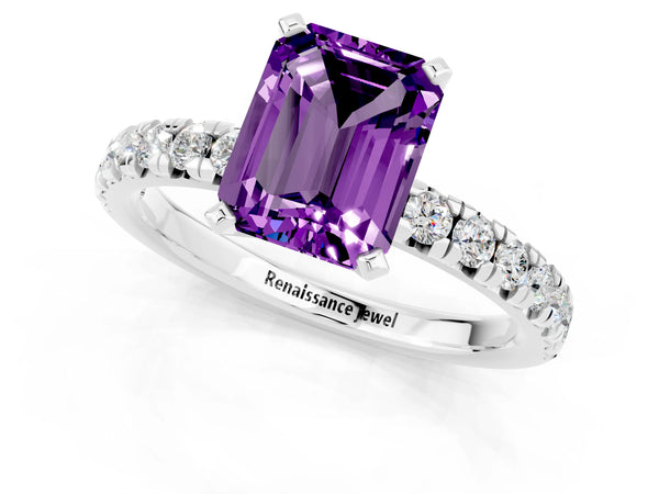 Silver Emerald Cut Amethyst Solitaire Pavé Engagement Ring with Round Band and Prong Setting
