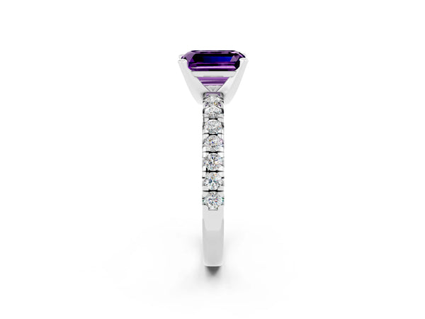 Silver Emerald Cut Amethyst Solitaire Pavé Engagement Ring with Round Band and Prong Setting