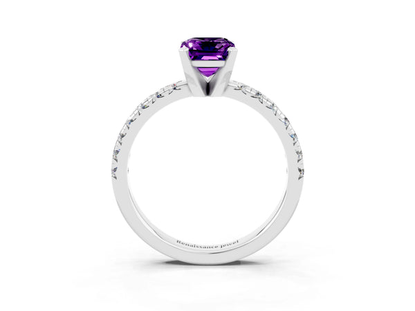 Silver Emerald Cut Amethyst Solitaire Pavé Engagement Ring with Round Band and Prong Setting
