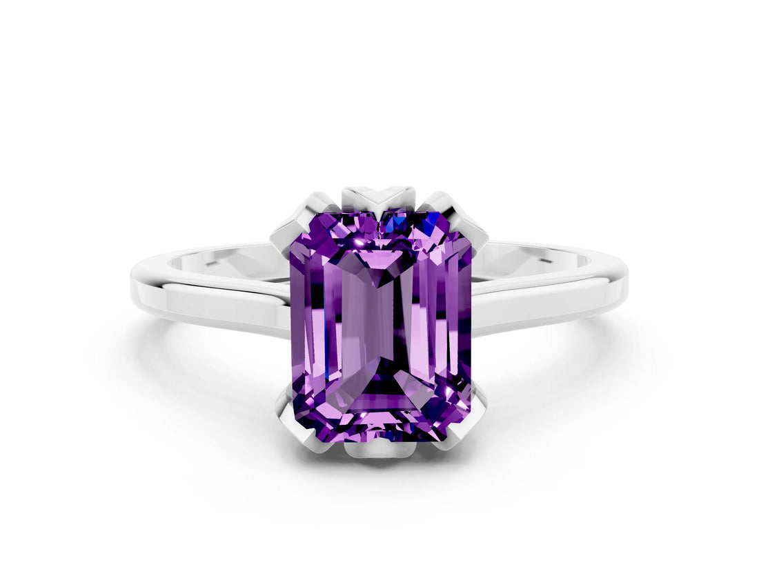 Silver Emerald Cut Amethyst Solitaire Ring with Flower Prong Setting and Classic Band