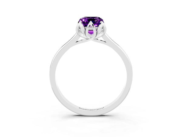 Sterling Silver Emerald Cut Amethyst Floral Solitaire Engagement Ring with Plain Band