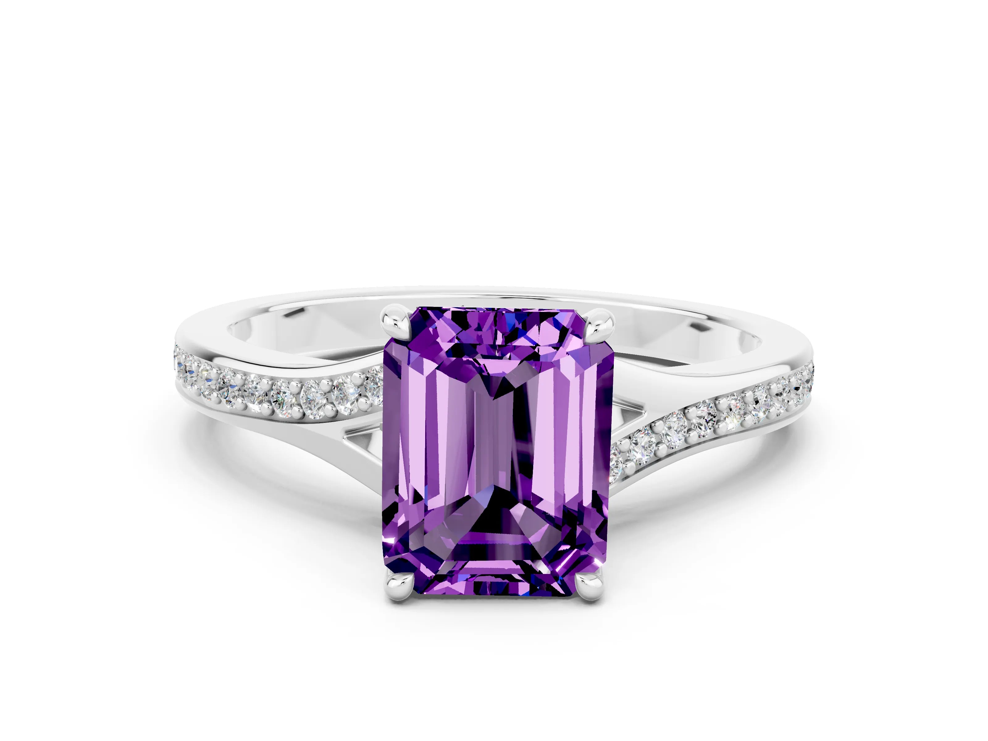 Silver Emerald Cut Amethyst Solitaire Ring with Pavé Band and Prong Setting_12