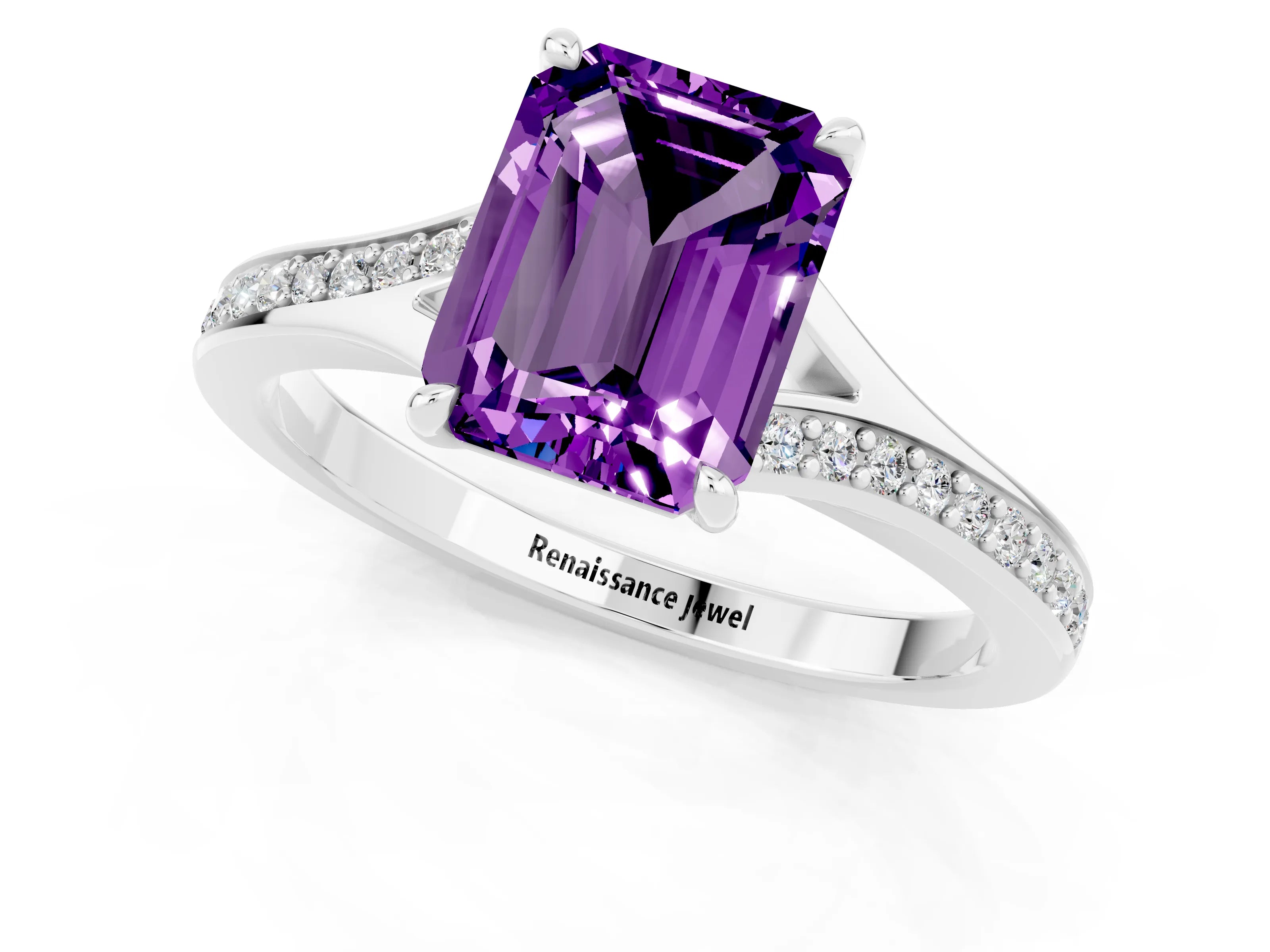 Silver Emerald Cut Amethyst Solitaire Ring with Pavé Band and Prong Setting_13