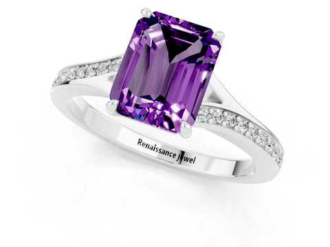 Silver Emerald Cut Amethyst Solitaire Ring with Pavé Band and Prong Setting_13