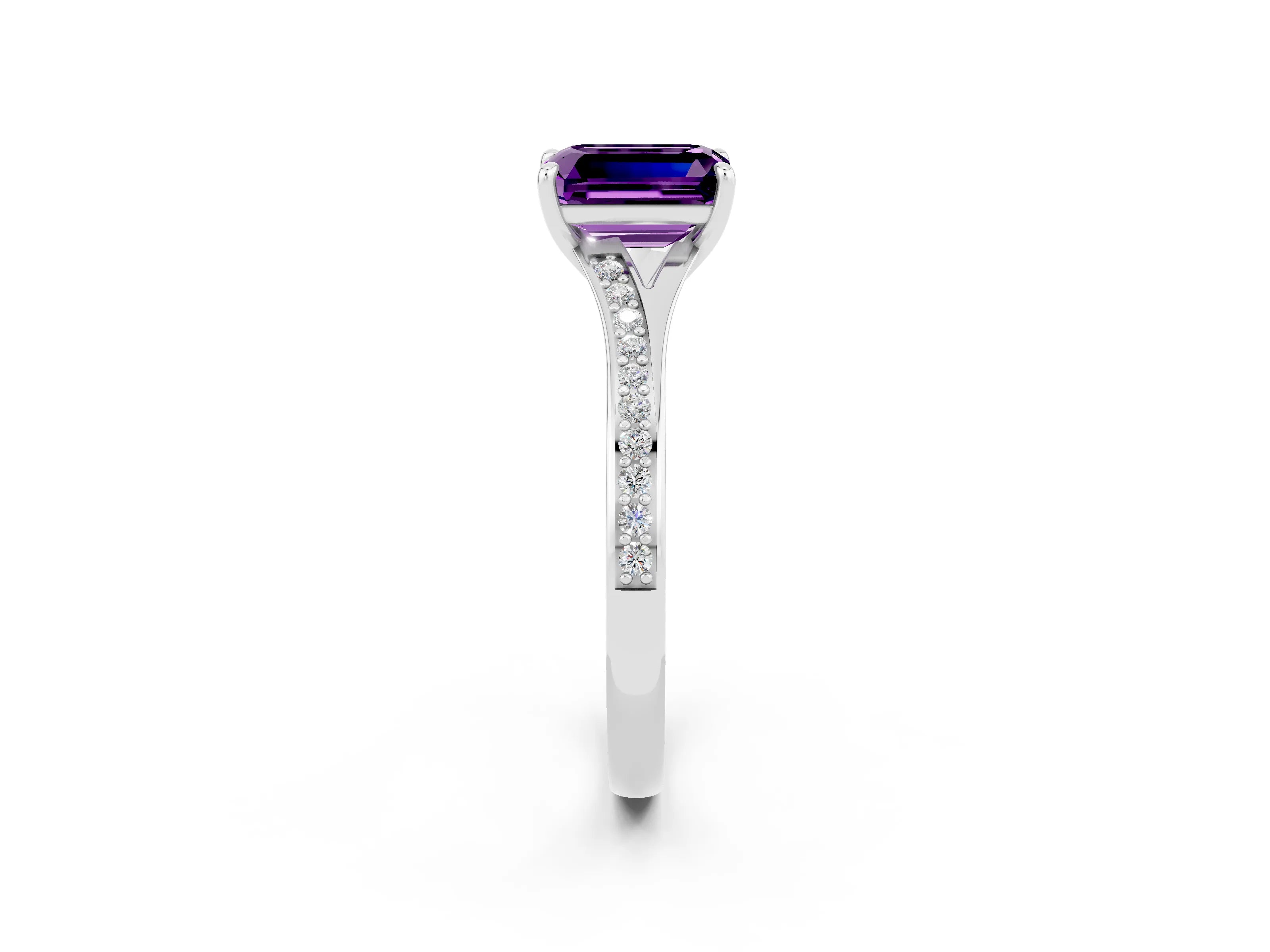 Silver Emerald Cut Amethyst Solitaire Ring with Pavé Band and Prong Setting_14