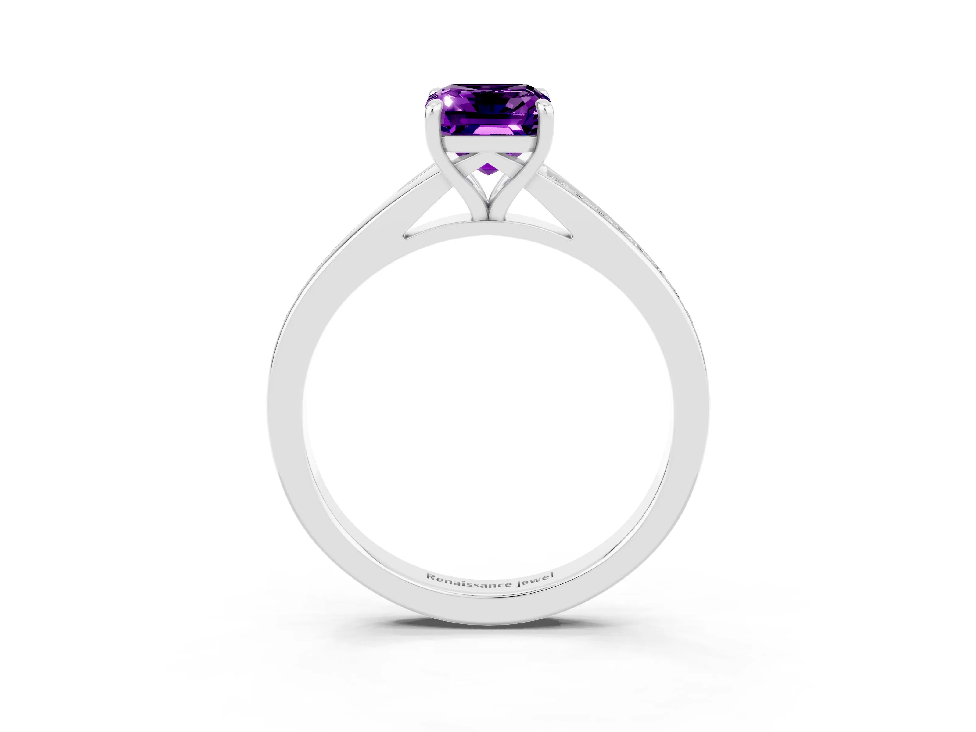 Silver Emerald Cut Amethyst Solitaire Ring with Pavé Band and Prong Setting_15