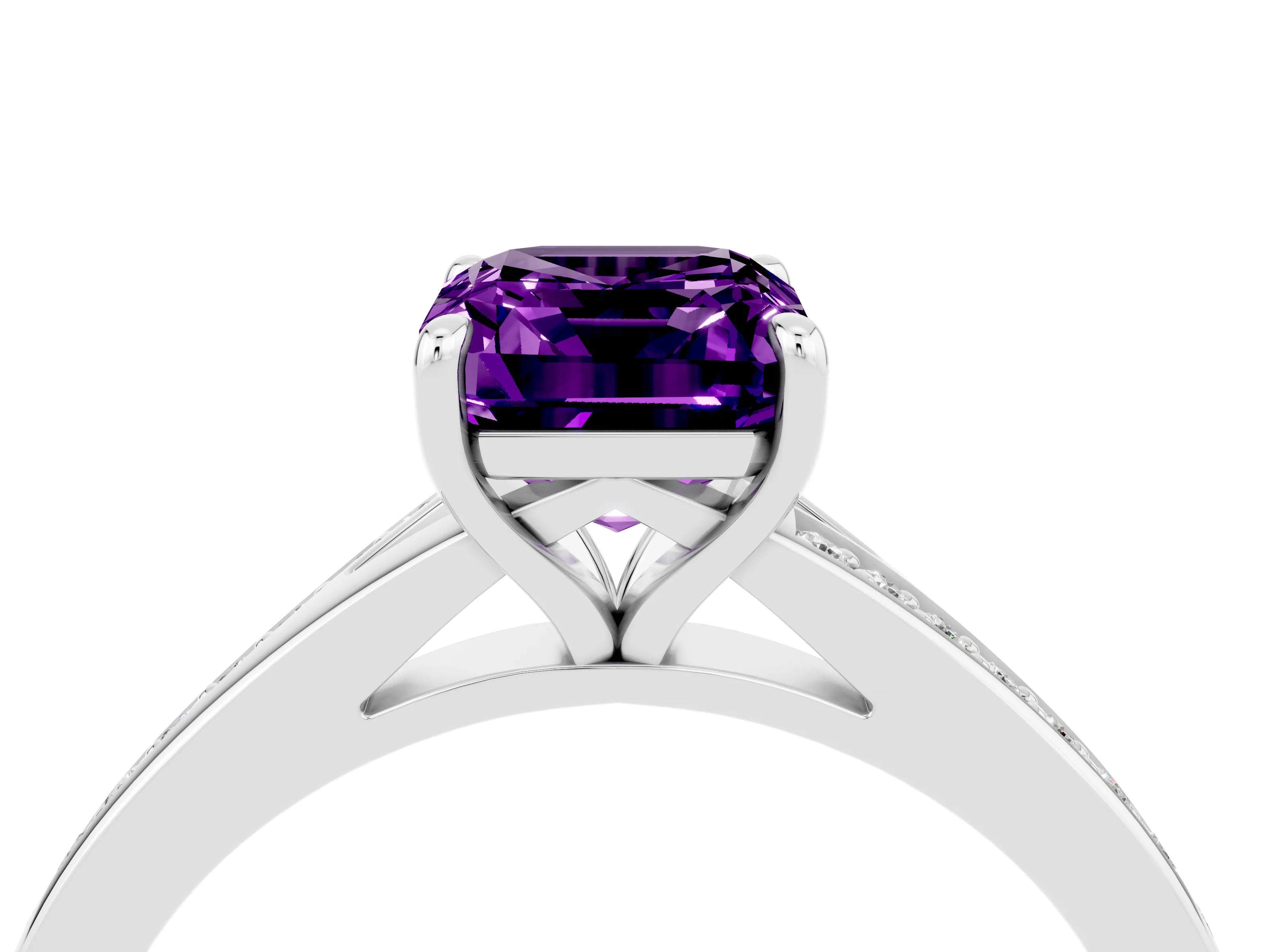 Silver Emerald Cut Amethyst Solitaire Ring with Pavé Band and Prong Setting_16