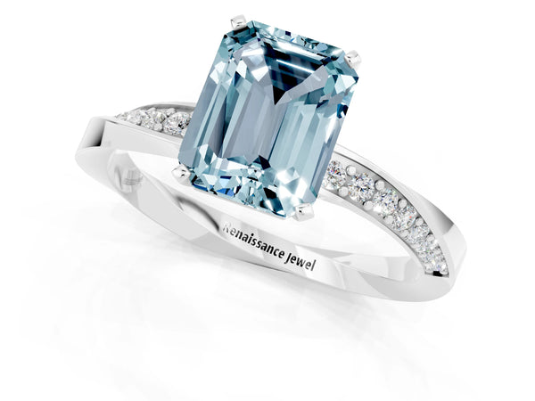 Silver Emerald Cut Aquamarine Engagement Ring with Side Stone Accents and Four-Prong Setting