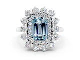 Silver Emerald Cut Aquamarine Floral Double Halo Engagement Ring with Prong Setting_222