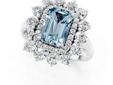 Silver Emerald Cut Aquamarine Floral Double Halo Engagement Ring with Prong Setting_223
