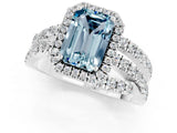Silver Emerald Cut Aquamarine Halo Ring with Round Split Shank and Prong Setting_67