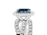 Silver Emerald Cut Aquamarine Halo Ring with Round Split Shank and Prong Setting_71