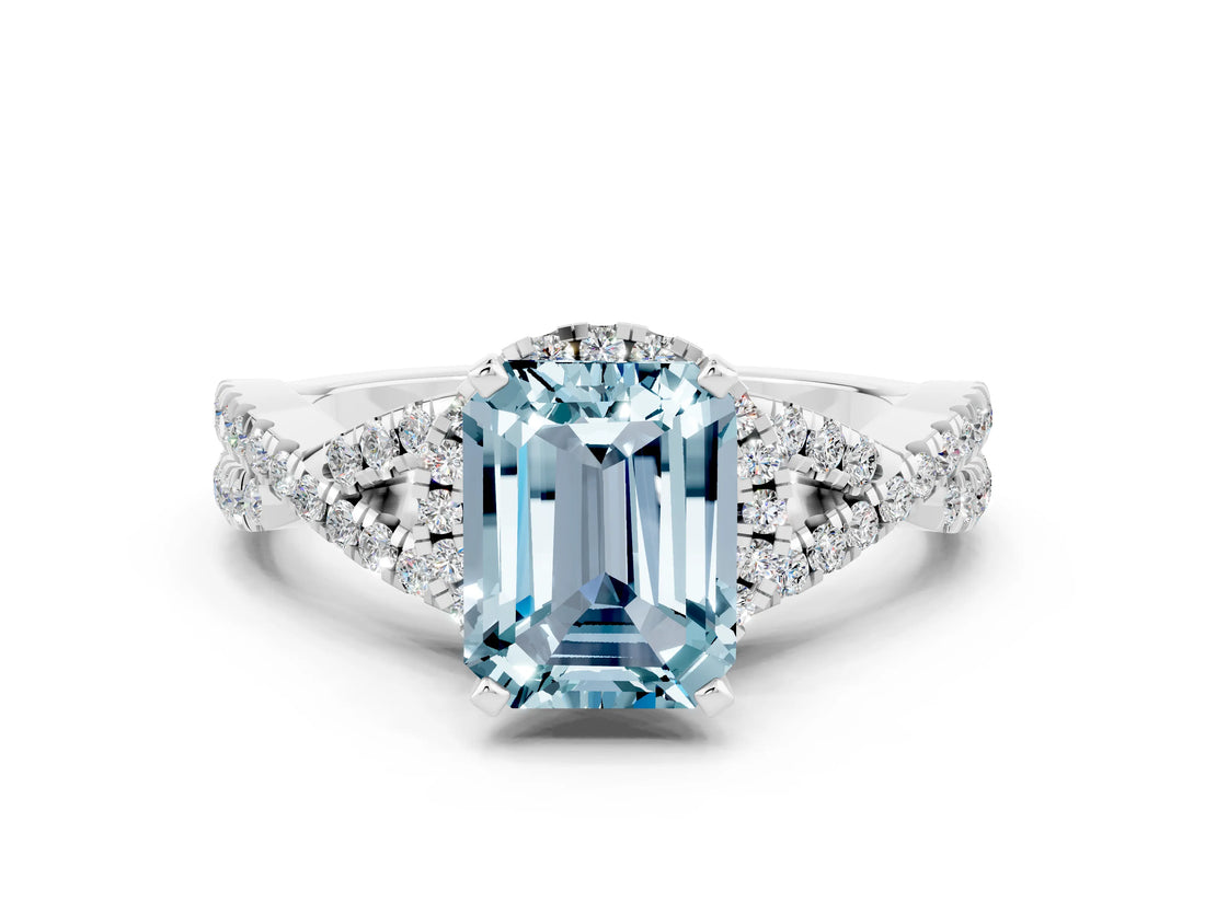Silver Emerald Cut Aquamarine  Halo Twist Band Solitaire Prong Setting Ring_24