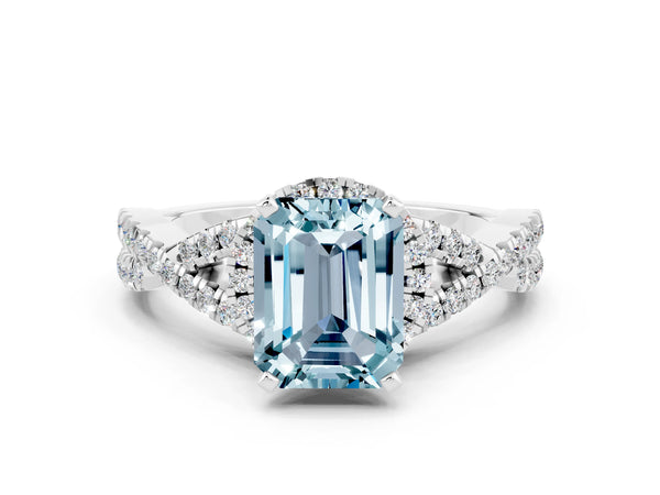 Silver Emerald Cut Aquamarine  Halo Twist Band Solitaire Prong Setting Ring
