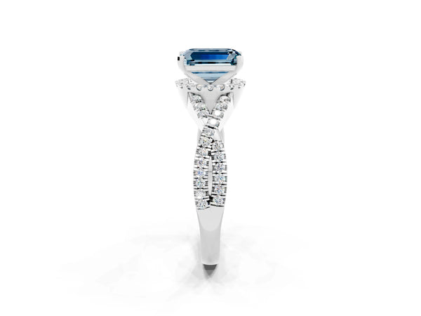 Silver Emerald Cut Aquamarine  Halo Twist Band Solitaire Prong Setting Ring