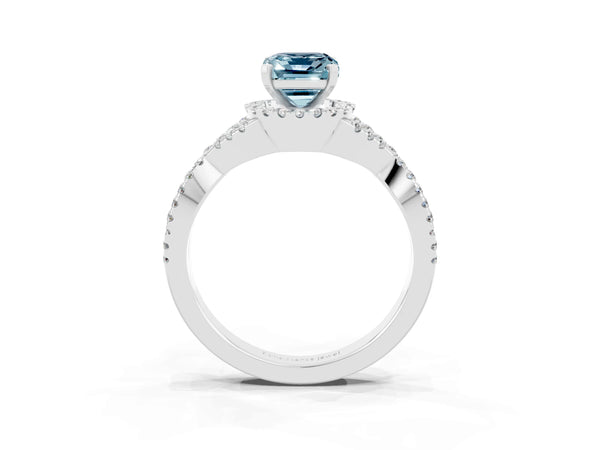 Silver Emerald Cut Aquamarine  Halo Twist Band Solitaire Prong Setting Ring
