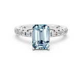 Silver Emerald Cut Aquamarine Pavé Solitaire Ring with Round Band and Prong Setting_42