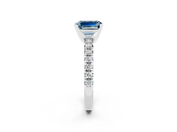 Silver Emerald Cut Aquamarine Solitaire Pavé Engagement Ring with Round Band and Prong Setting