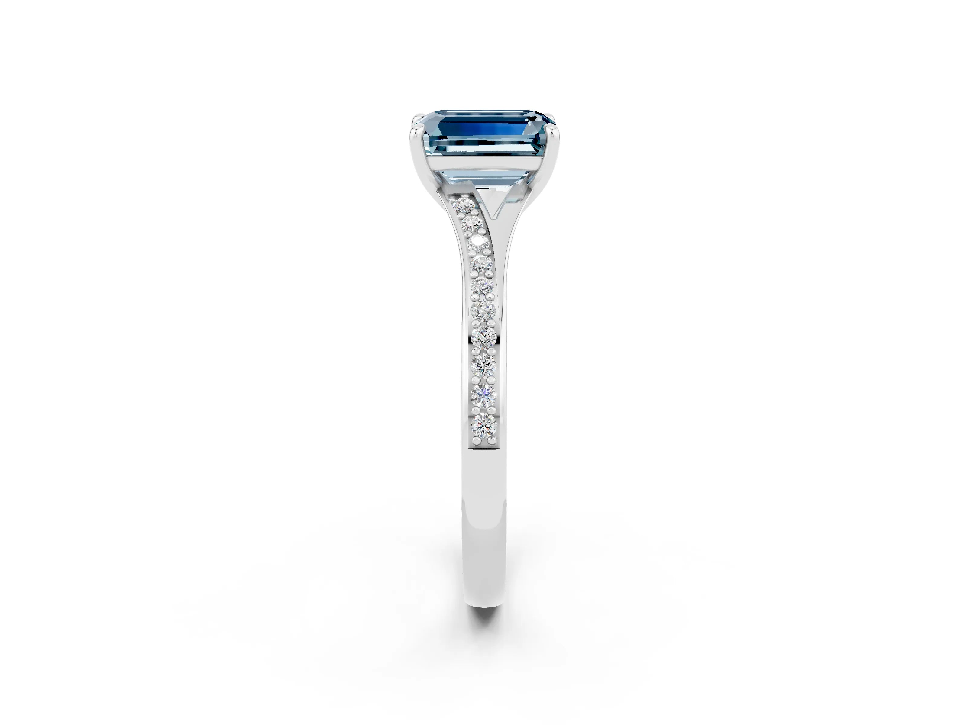 Silver Emerald Cut Aquamarine Solitaire Ring with Pavé Band and Prong Setting_18