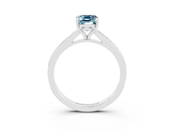 Silver Emerald Cut Aquamarine Solitaire Ring with Pavé Band and Prong Setting