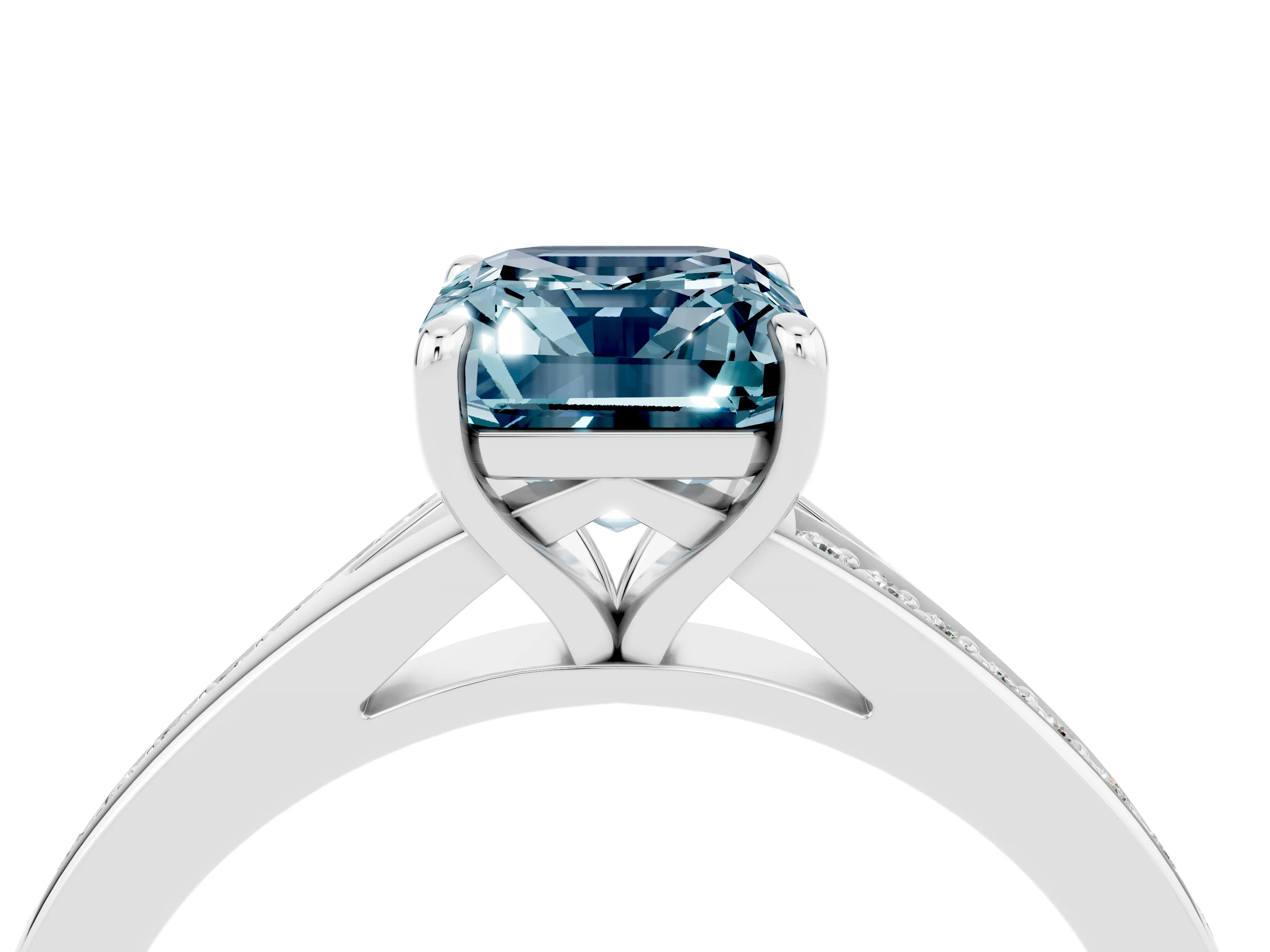 Silver Emerald Cut Aquamarine Solitaire Ring with Pavé Band and Prong Setting_20