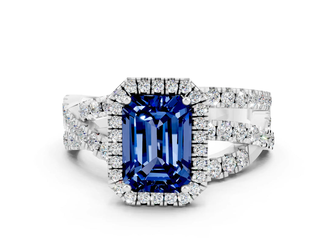 Silver Emerald Cut Blue Sapphire Halo Ring with Round Split Shank and Prong Setting_67