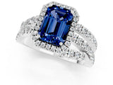 Silver Emerald Cut Blue Sapphire Halo Ring with Round Split Shank and Prong Setting_68