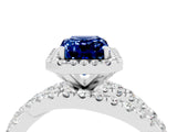 Silver Emerald Cut Blue Sapphire Halo Ring with Round Split Shank and Prong Setting_71