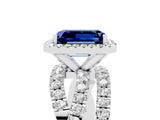Silver Emerald Cut Blue Sapphire Halo Ring with Round Split Shank and Prong Setting_72