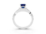 Silver Emerald Cut Blue Sapphire  Halo Twist Band Solitaire Prong Setting Ring_15