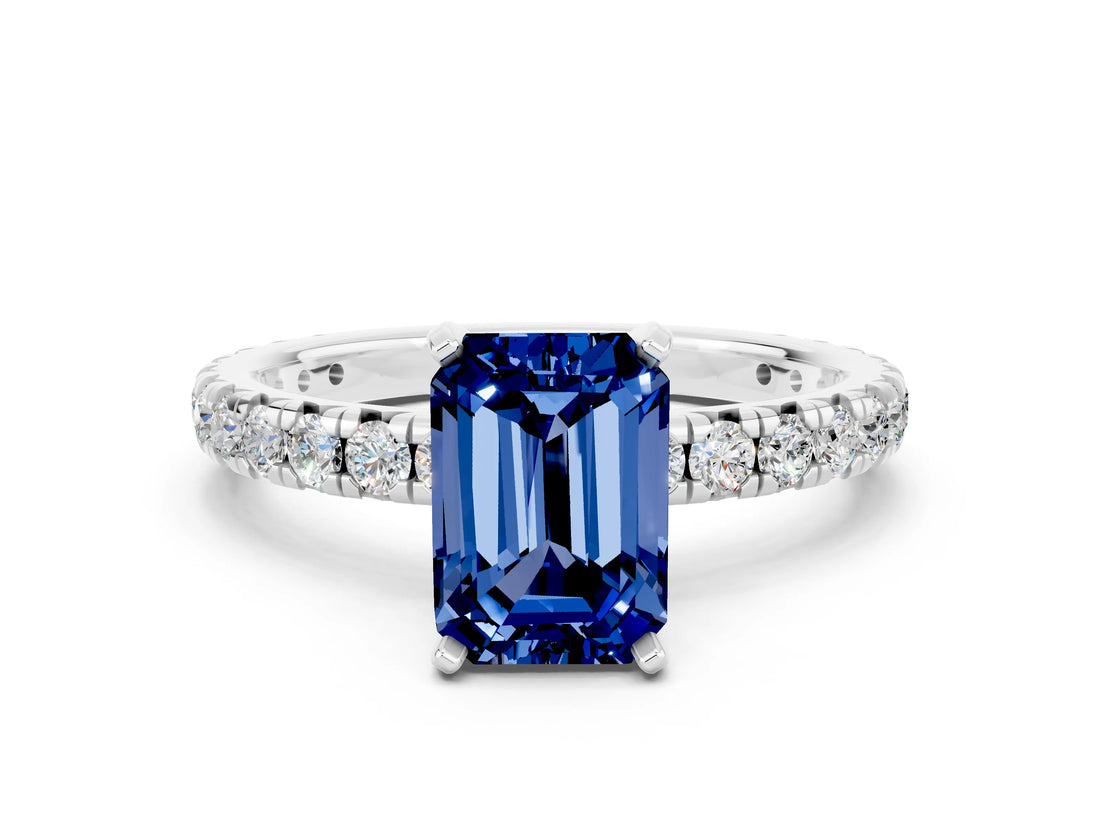 Silver Emerald Cut Blue Sapphire Pavé Solitaire Ring with Round Band and Prong Setting_42