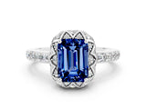 Silver Emerald Cut Blue Sapphire Scalloped Halo Engagement Ring with Round Shared Prong Band_30