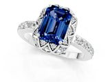 Silver Emerald Cut Blue Sapphire Scalloped Halo Engagement Ring with Round Shared Prong Band_31