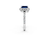 Silver Emerald Cut Blue Sapphire Scalloped Halo Engagement Ring with Round Shared Prong Band_32