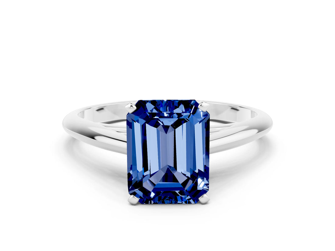 Silver Emerald Cut Blue Sapphire Solitaire Engagement Ring with Cathedral Setting and Four-Prong Mount_12