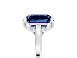 Silver Emerald Cut Blue Sapphire Solitaire Ring with Flower Prong Setting and Classic Band_17