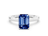 Silver Emerald Cut Blue Sapphire Solitaire Ring with Thin Band and Prong Setting_42