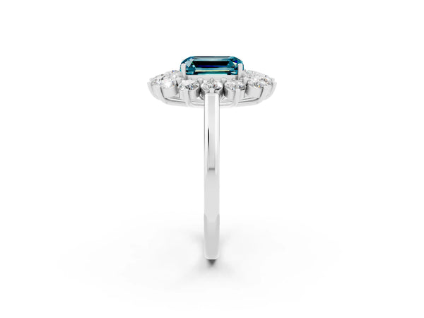 Silver Emerald Cut Blue Topaz Floral Double Halo Engagement Ring with Prong Setting