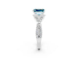 Silver Emerald Cut Blue Topaz  Halo Twist Band Solitaire Prong Setting Ring_14