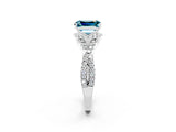 Silver Emerald Cut Blue Topaz  Halo Twist Band Solitaire Prong Setting Ring_20