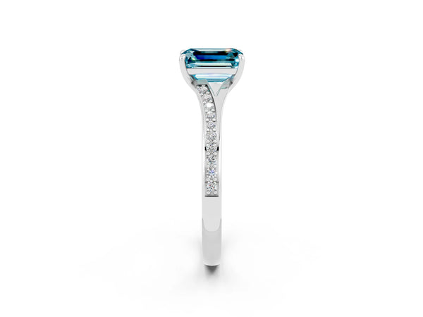 Silver Emerald Cut Blue Topaz Solitaire Ring with Pavé Band and Prong Setting