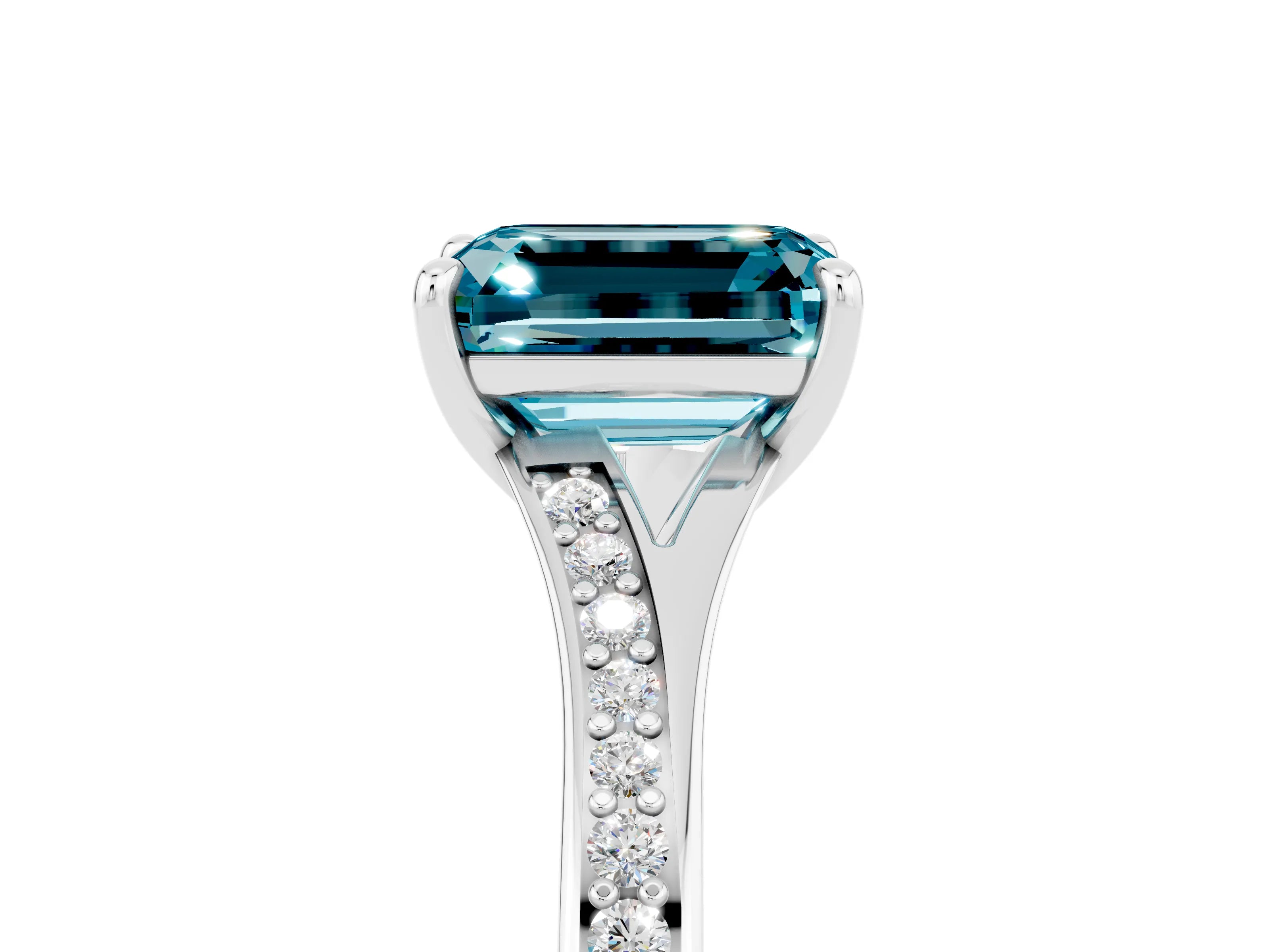 Silver Emerald Cut Blue Topaz Solitaire Ring with Pavé Band and Prong Setting_29