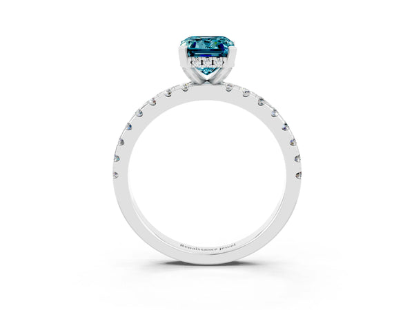 Silver Emerald Cut Blue Topaz Solitaire Ring with Round Pavé Band and Four-Prong Setting