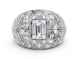 Silver Emerald Cut Brilliant Halo Pave Diamond Milgrain Ring_13