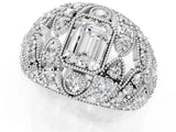 Silver Emerald Cut Brilliant Halo Pave Diamond Milgrain Ring_14